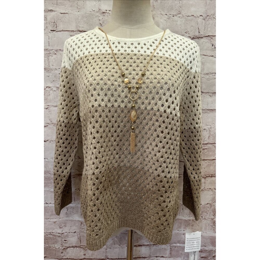Alfred Dunner Petite PL Chenille Crochet Pullover Sweater & Necklace Beige Tan